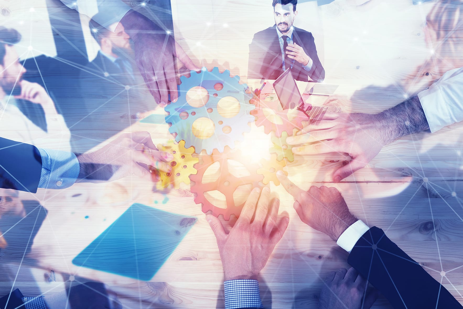 stock photo business team connect pieces of gears teamwork partnership and integration concept with network 1126266605
