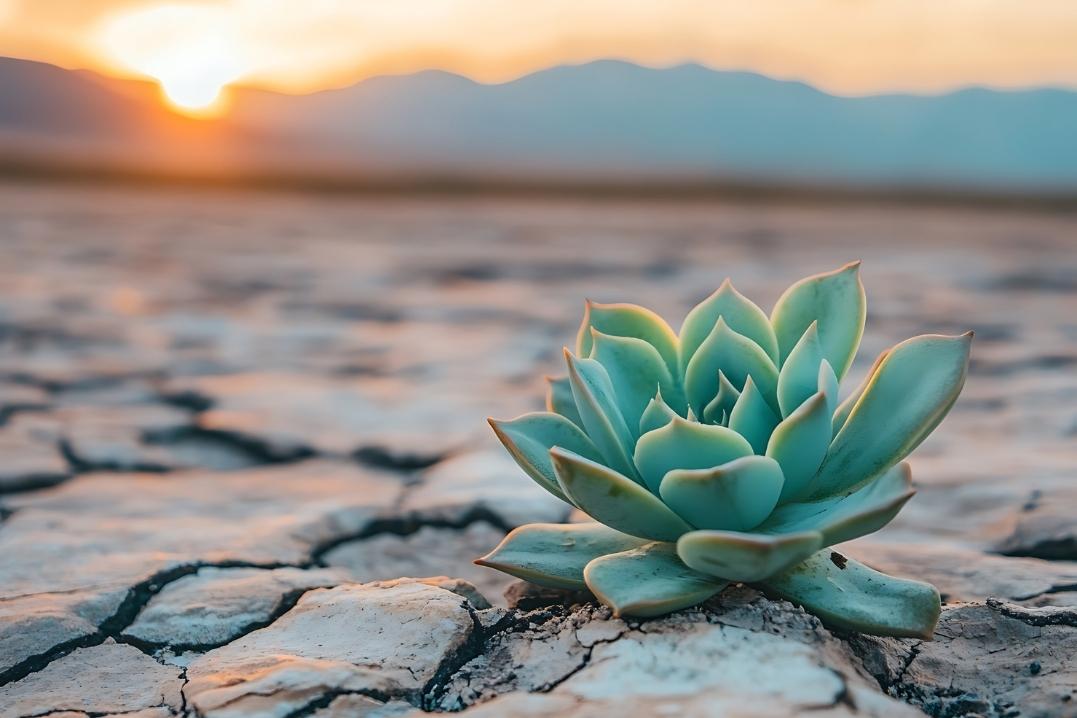 Business-resilience reflected in a single plant growing from cracked earth.